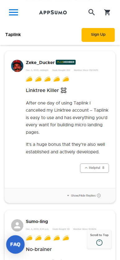Una recensione che dice che Taplink è migliore di Linktree su AppSumo