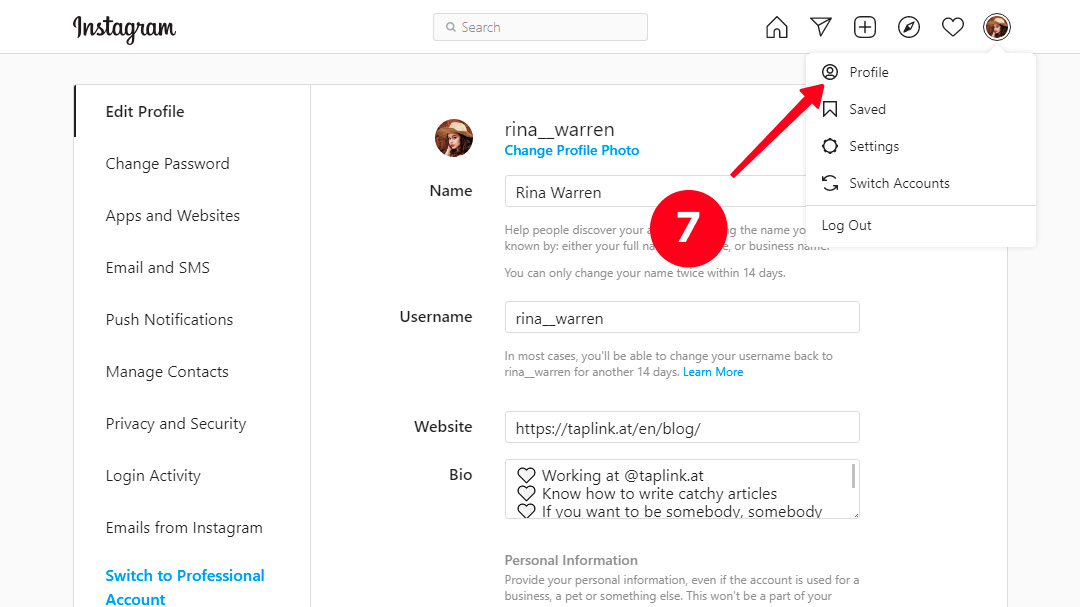 Choosing Profile in the Instagram menu on a desktop