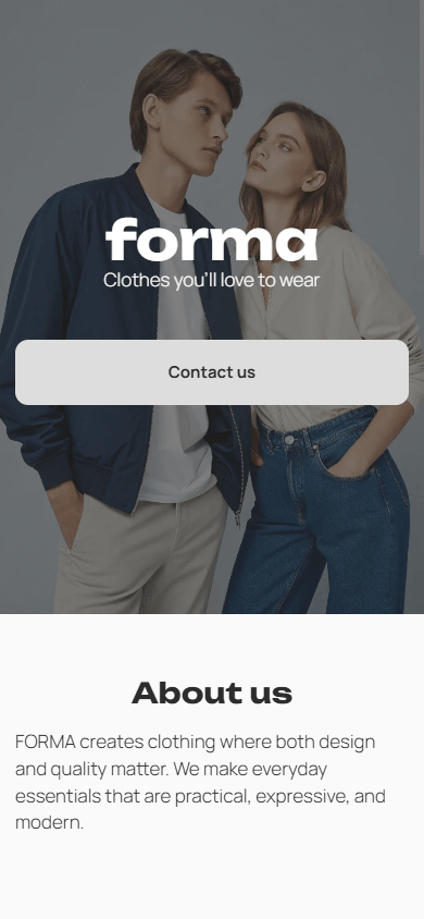Top section of a clothing website built with Taplink, featuring a brand introduction and contact button