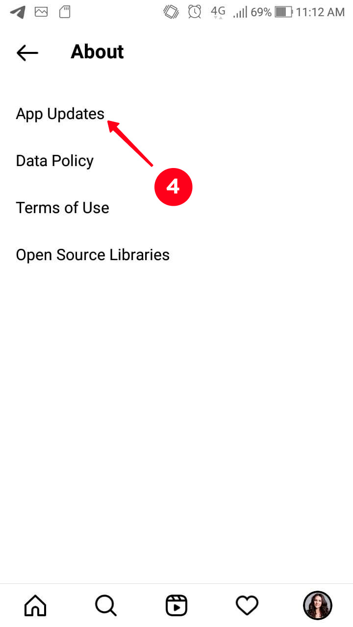 Tapping App Updates in the About settings on Instagram