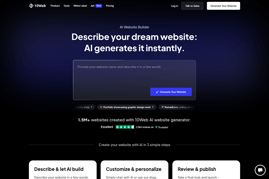The main page of the 10Web AI website builder