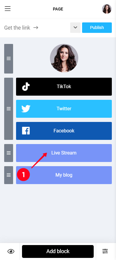 Tapping a link on a page in the Taplink editor