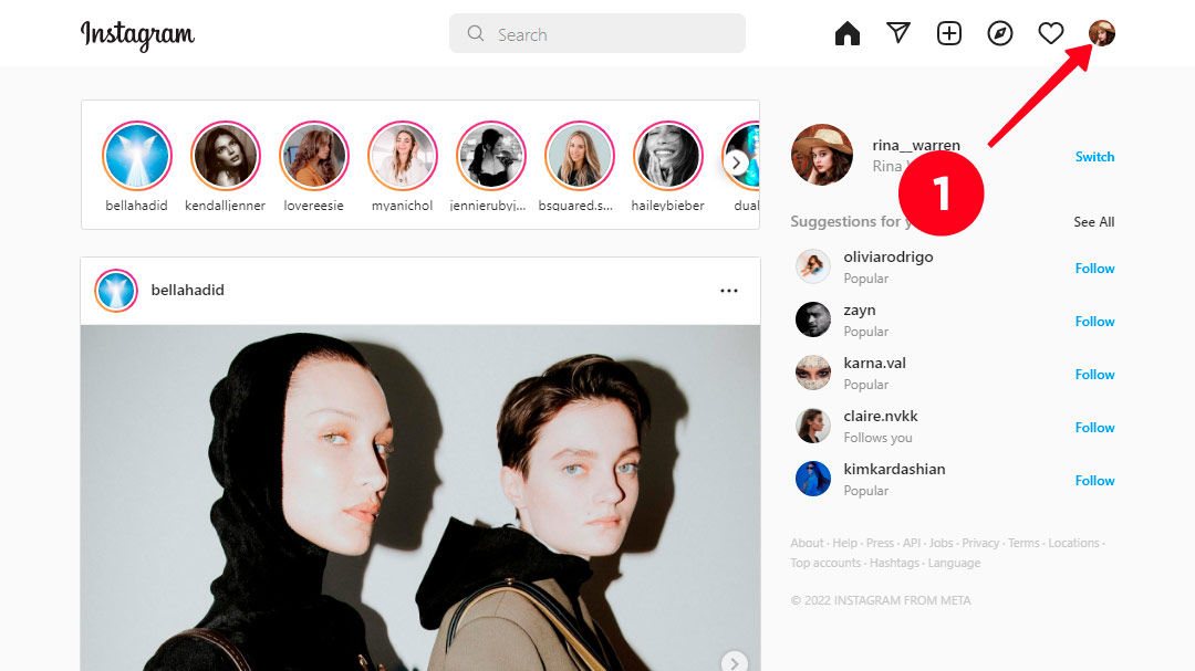 Tapping the profile photo icon on the desktop Instagram site