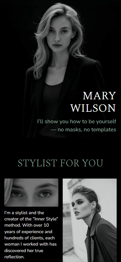 Stylist’s digital business card that features a hero image, headings, text, and photos