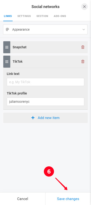 Saving changes in the Social networks block settings