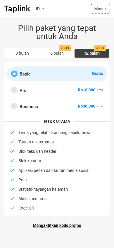 Paket harga untuk membuat halaman Linktree secara gratis