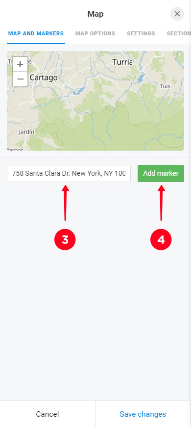 Adding an address coordinates in the Map block settings