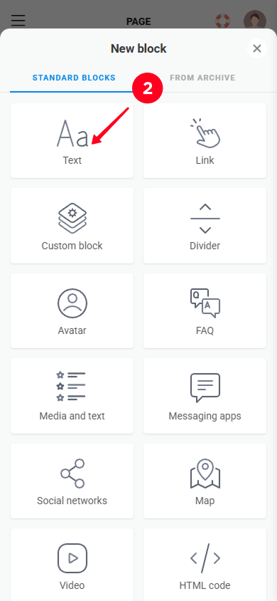 Choosing the Text block in the Taplink content block library