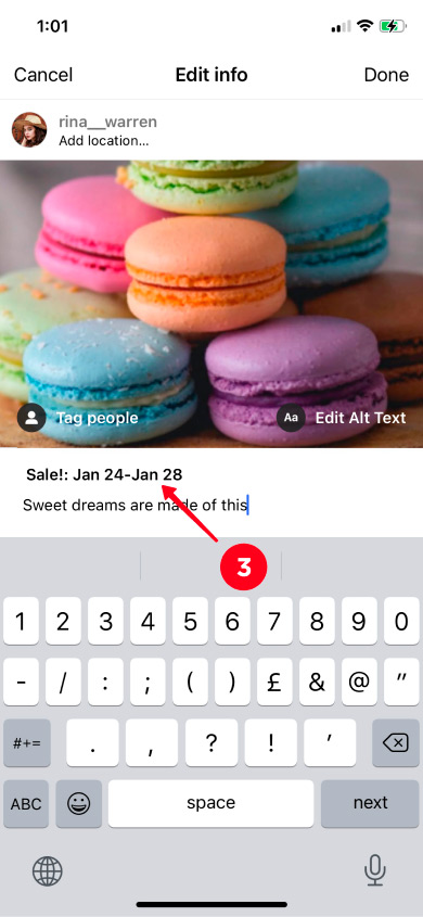 Tapping the date of the event in the Instagram reminder