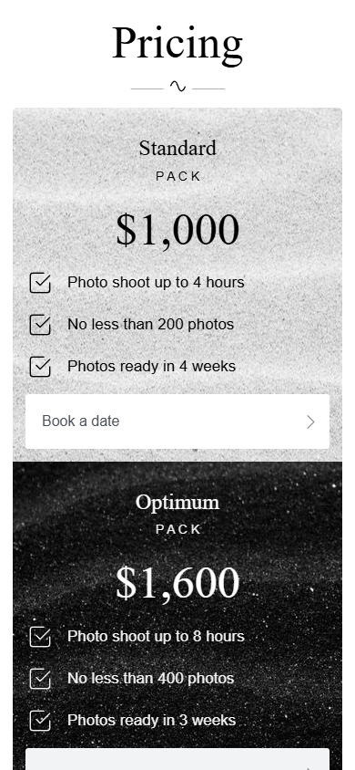 Middle of the photographer’s link in bio page built with Taplink