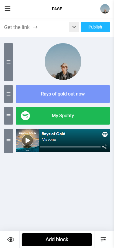 Spotify links and song player on a Taplink page in the editor