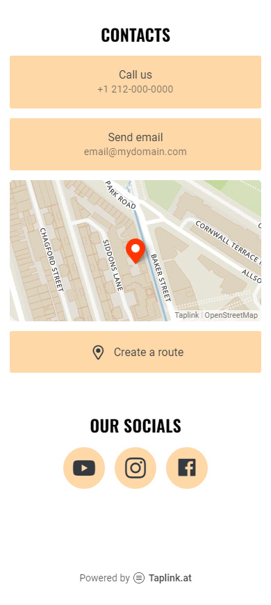 Taplink page with a map and a link made for sharing locations in an Instagram bio