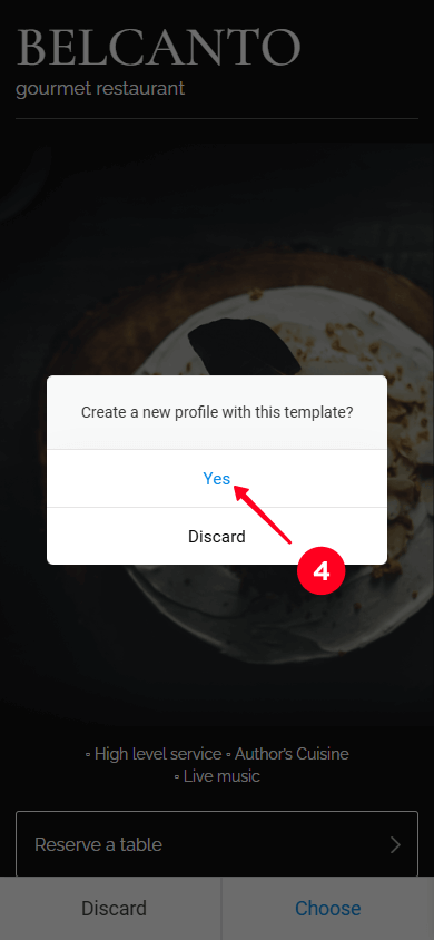 Tapping Yes to confirm the template selection in the website builder