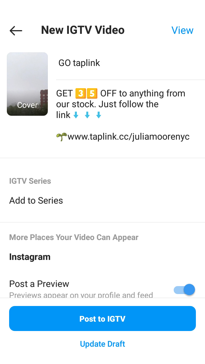Menu di pubblicazione di IGTV