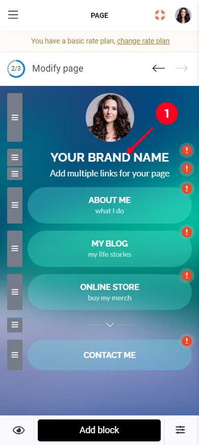 Tapping a text block in the Taplink page editor