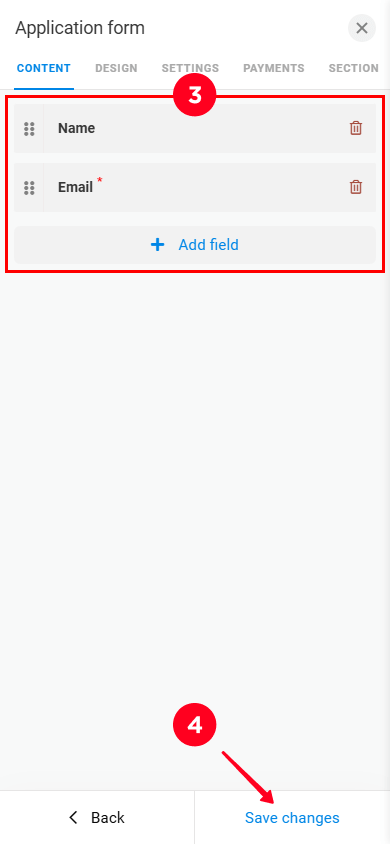 Customizing the block content and tapping Save changes in the Application form customization window