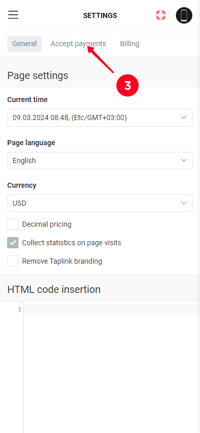 Going to the Accept payments tab on the Taplink settings page