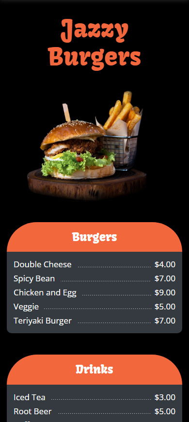 Burger picture and burger menu with prices on a Taplink page
