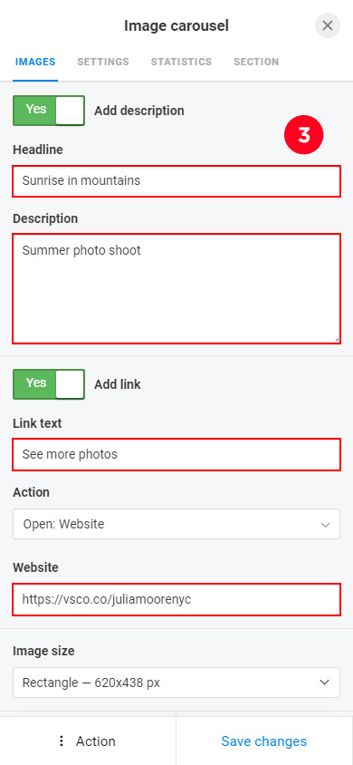 Highlighted Headline, Description, Link text, Website fields in the slide settings of an Image carousel block