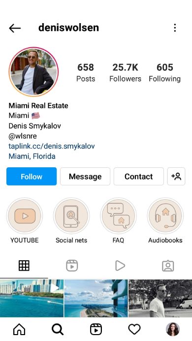 Real estate influencer's page on social media