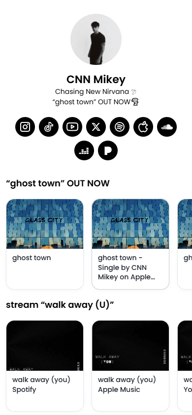 Musician page created with the Hoo.be link in bio tool