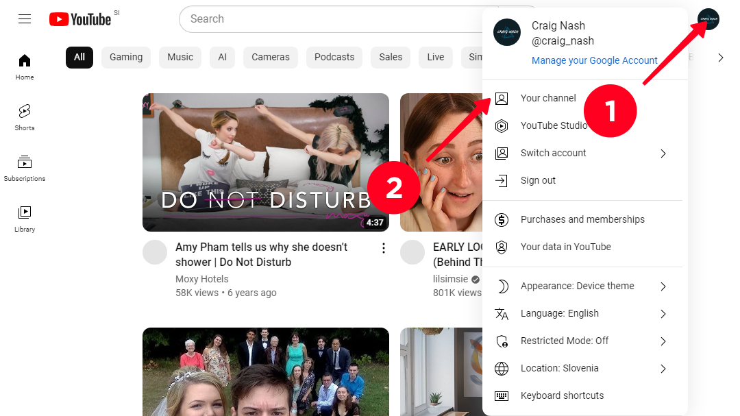 Opening a channel page in the YouTube desktop site