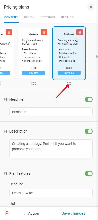 Tapping the 6 dots in the Pricing plans settings