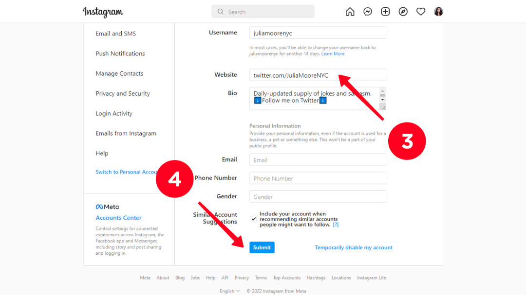 Pasting a Twitter profile link and saving changes in the desktop browser