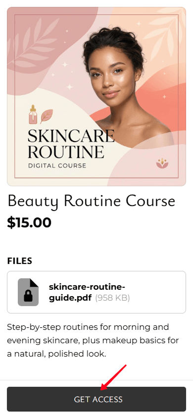 Tapping the purchase button on a digital product page created with Taplink