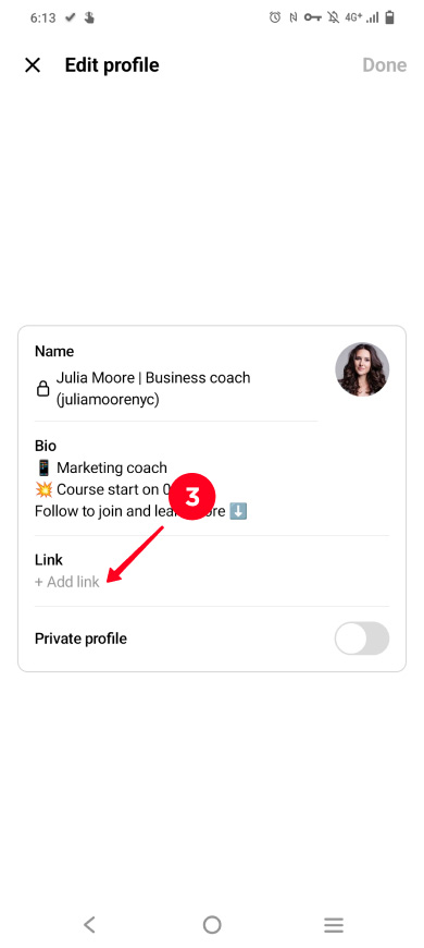 Tapping + Add link in the Threads profile settings