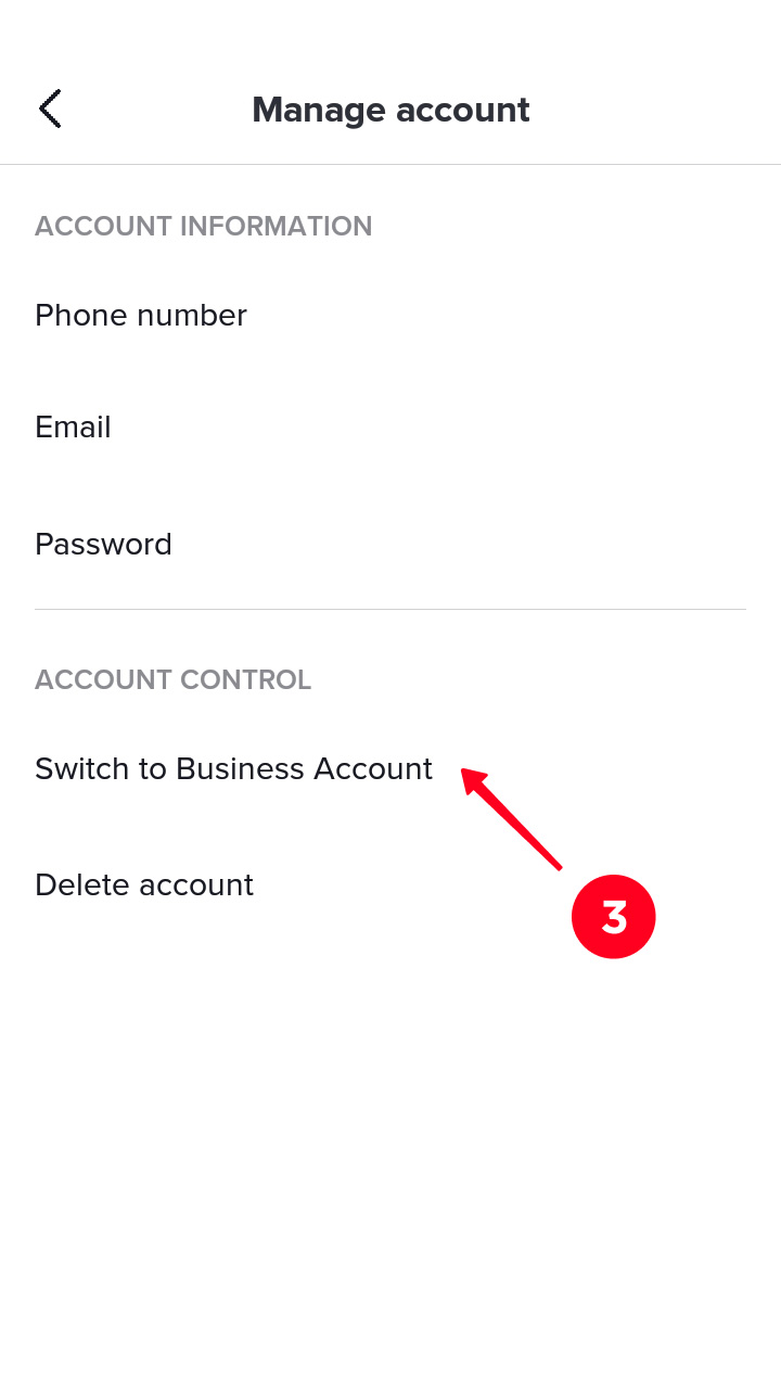 Scegliere Passa all'account Business nelle impostazioni di TikTok