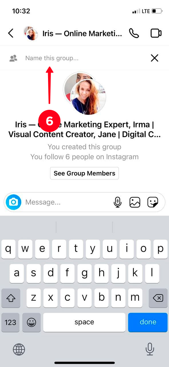 Tapping the Name this group filed in an Instagram group chat