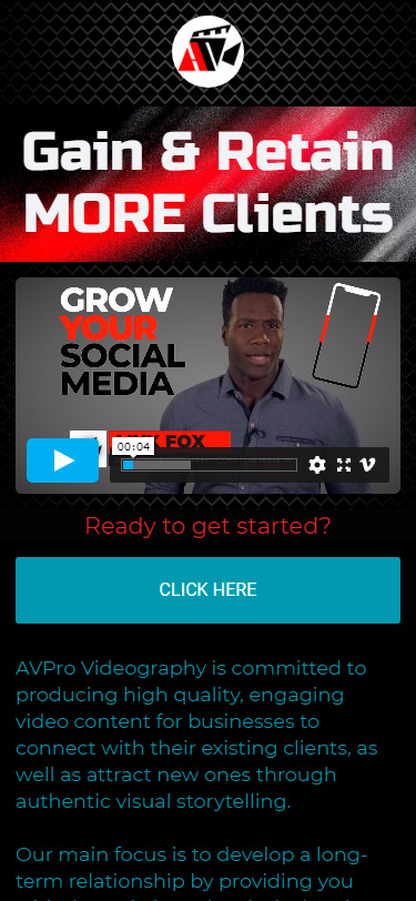 Video editor’s link in bio page with a video player and a contact button