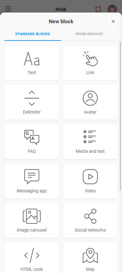 First part of the available blocks in Taplink