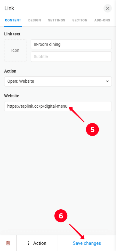 Pasting a website link in the Website field and tapping Save changes in the Link setting