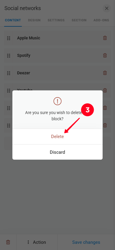 Selecting the Delete button in the Taplink settings