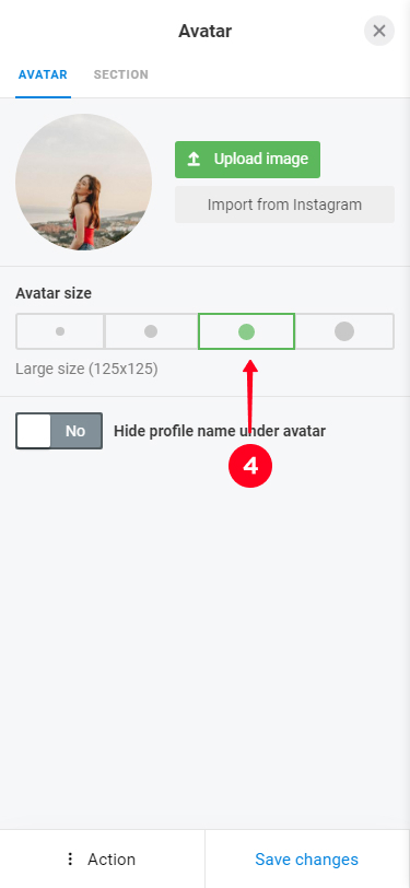 Choosing the profile picture size in the Taplink block settings