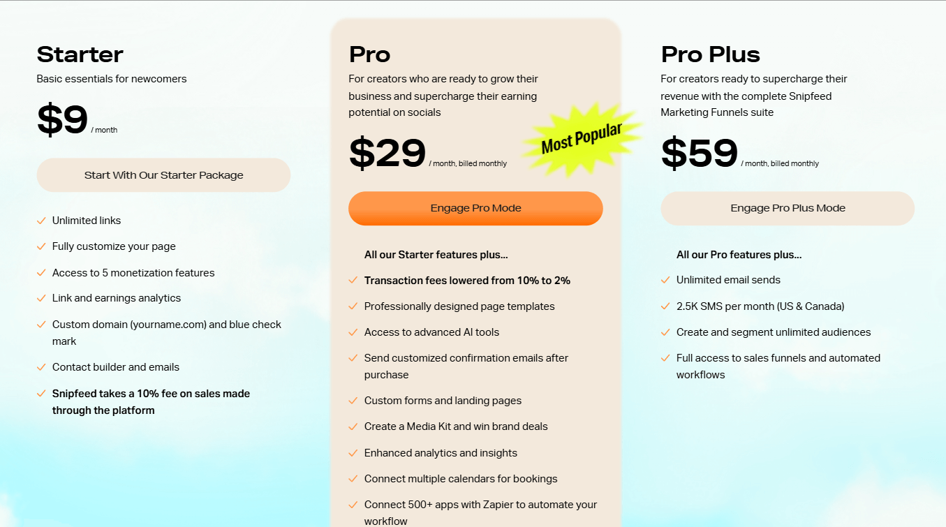 Interface of the Snipfeed pricing plans page