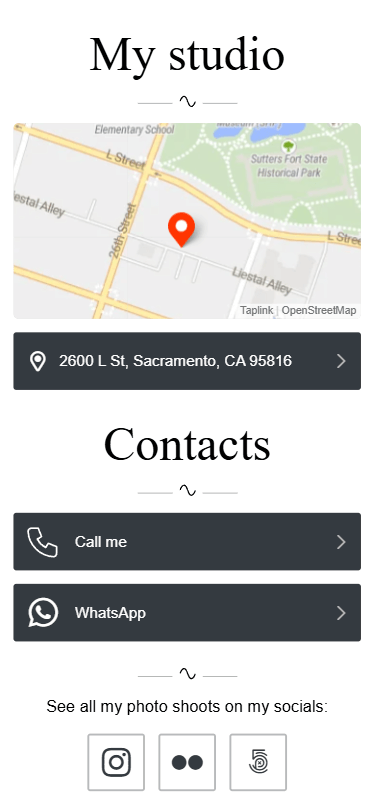 Last part of the photographer’s Taplink link in bio page showing headlines, a map, call buttons, text, and social media links