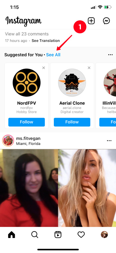 Tapping See All above the list of suggested Instagram accounts