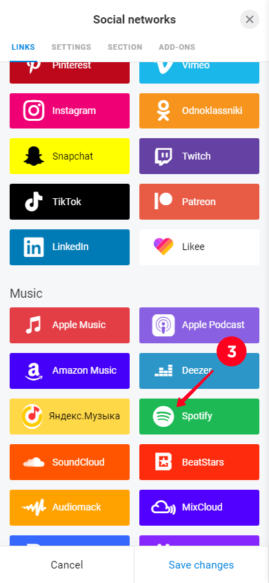 Choosing Spotify on the list of social media platforms in the branded buttons settings