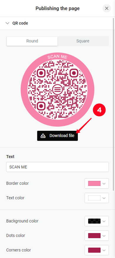 Tapping Download file in the QR code settings page