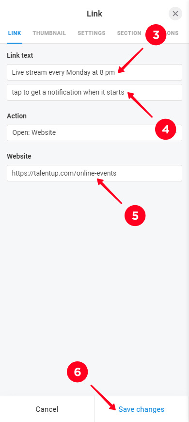 Adding the main and secondary button text and a website link, and saving the block changes