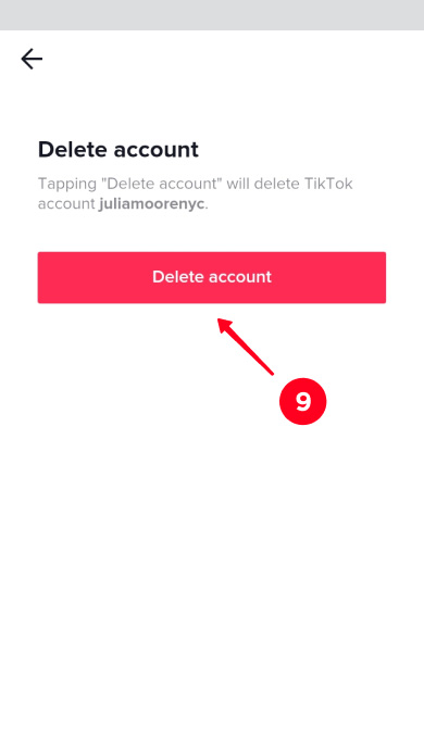 Tapping Delete account in the TikTok app
