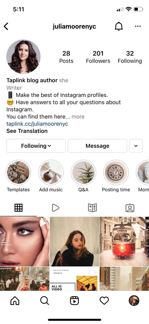 Marketer's profile with added photos and videos to Highlights on Instagram