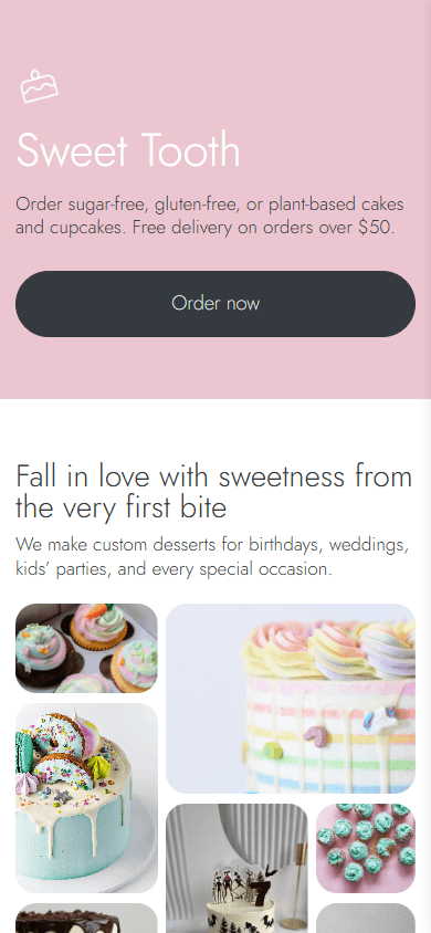 Top of a bakery’s Lnk.Bio-style Taplink page with a dessert photo collage created with the Custom block
