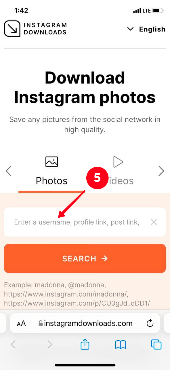 Tapping the search bar on the InstagramDownloads website
