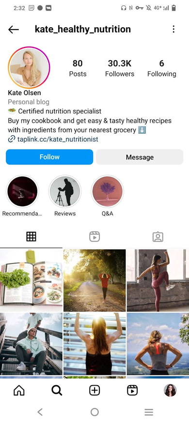 Nutritionists’s Instagram profile page for selling ebooks