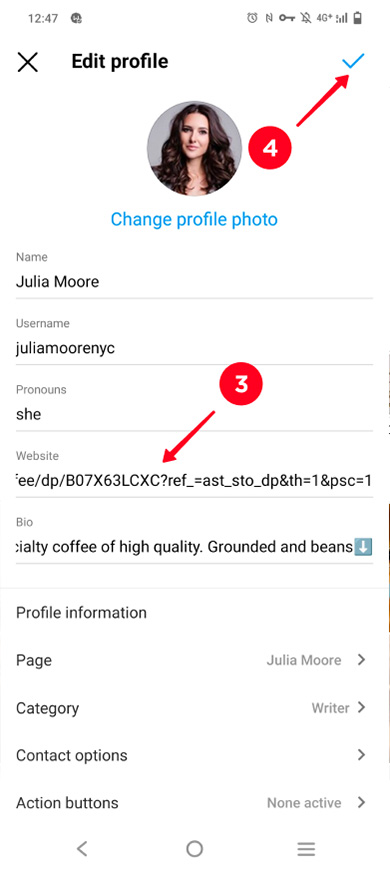 Adding an Amazon link to the Instagram bio in the profile settings