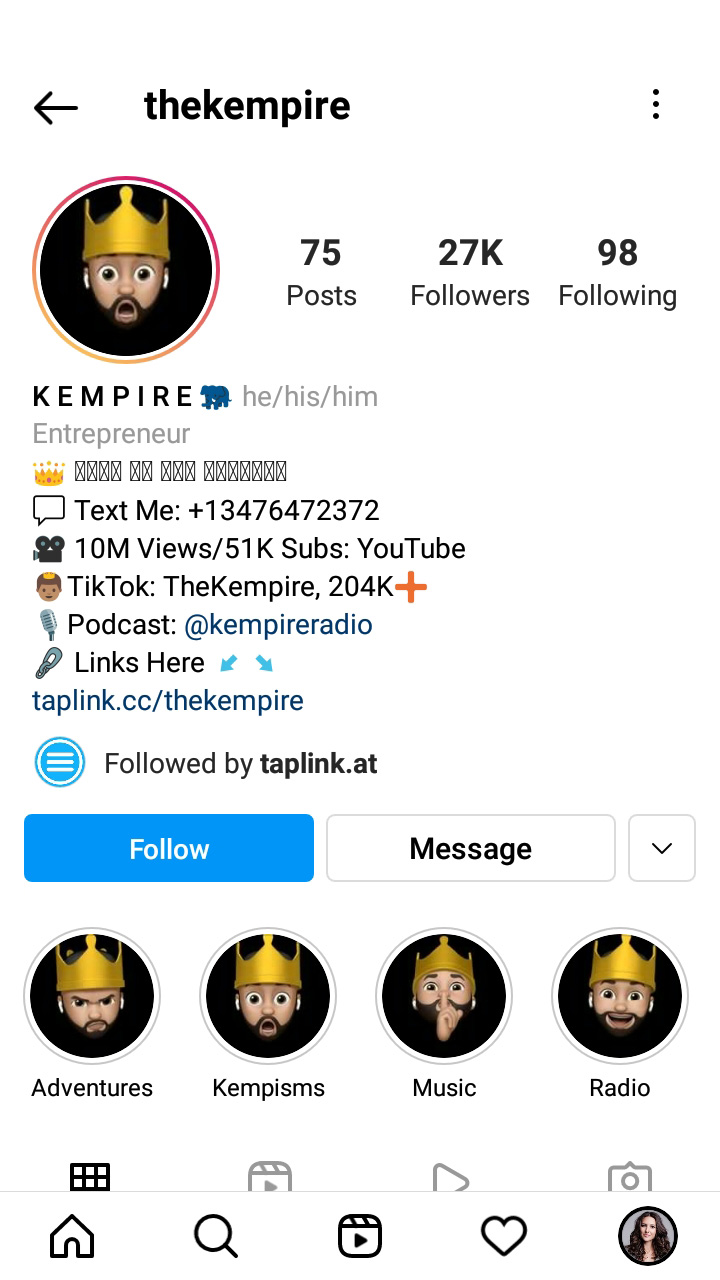 User’s page with avatar set as the Instagram profile picture